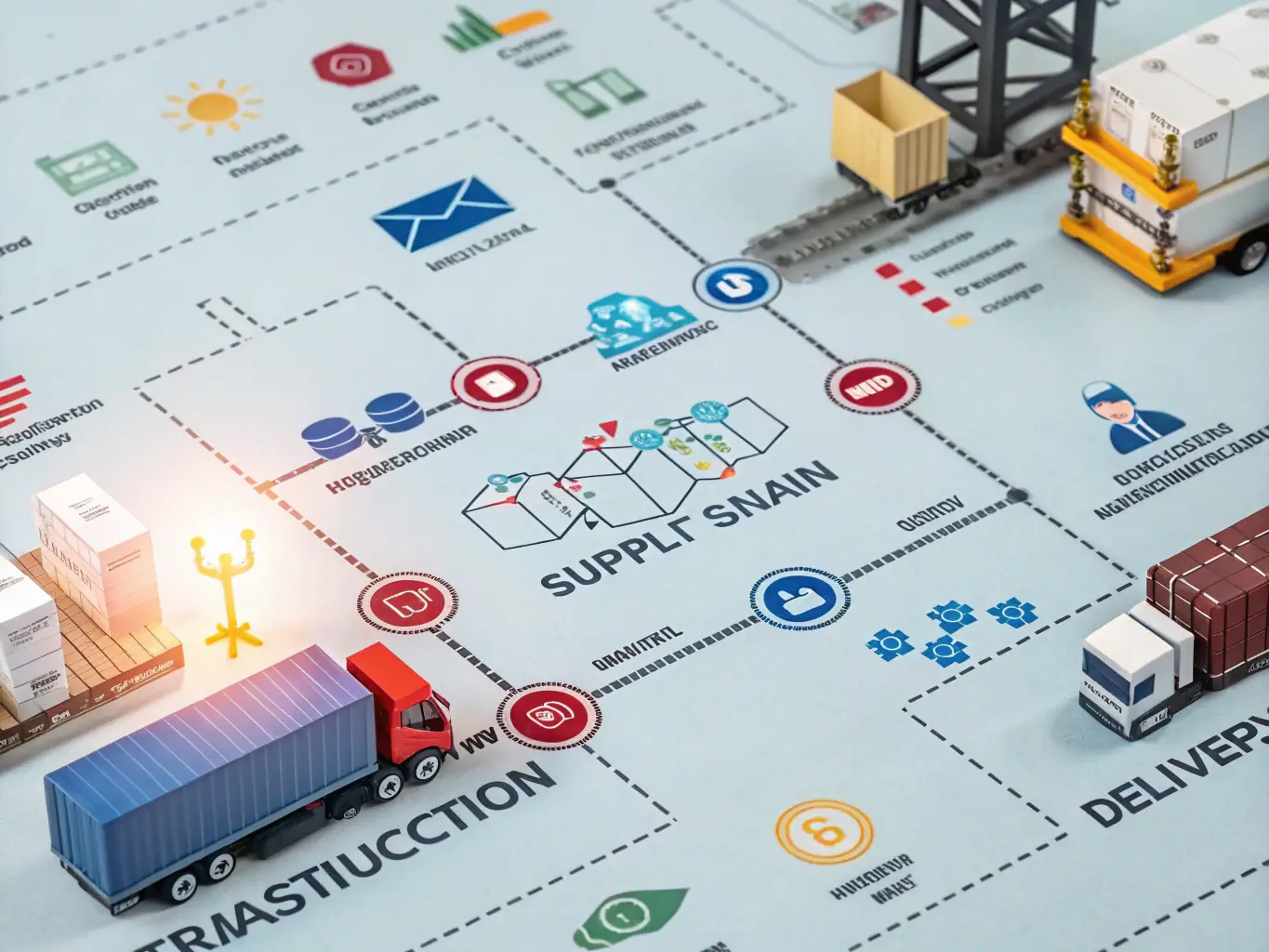 An image depicting a supply chain network enhanced by blockchain technology, showcasing improved traceability and efficiency in the manufacturing industry.