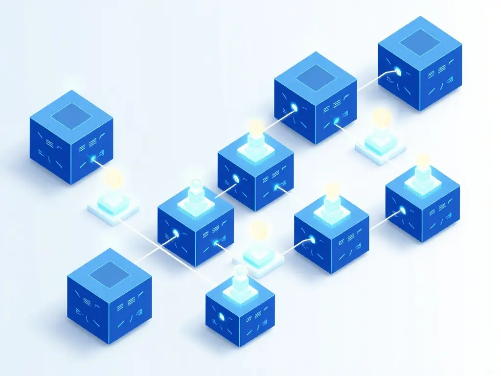 A professional showcasing a blockchain network diagram, highlighting interconnected nodes and secure data transfer, symbolizing blockchain implementation.